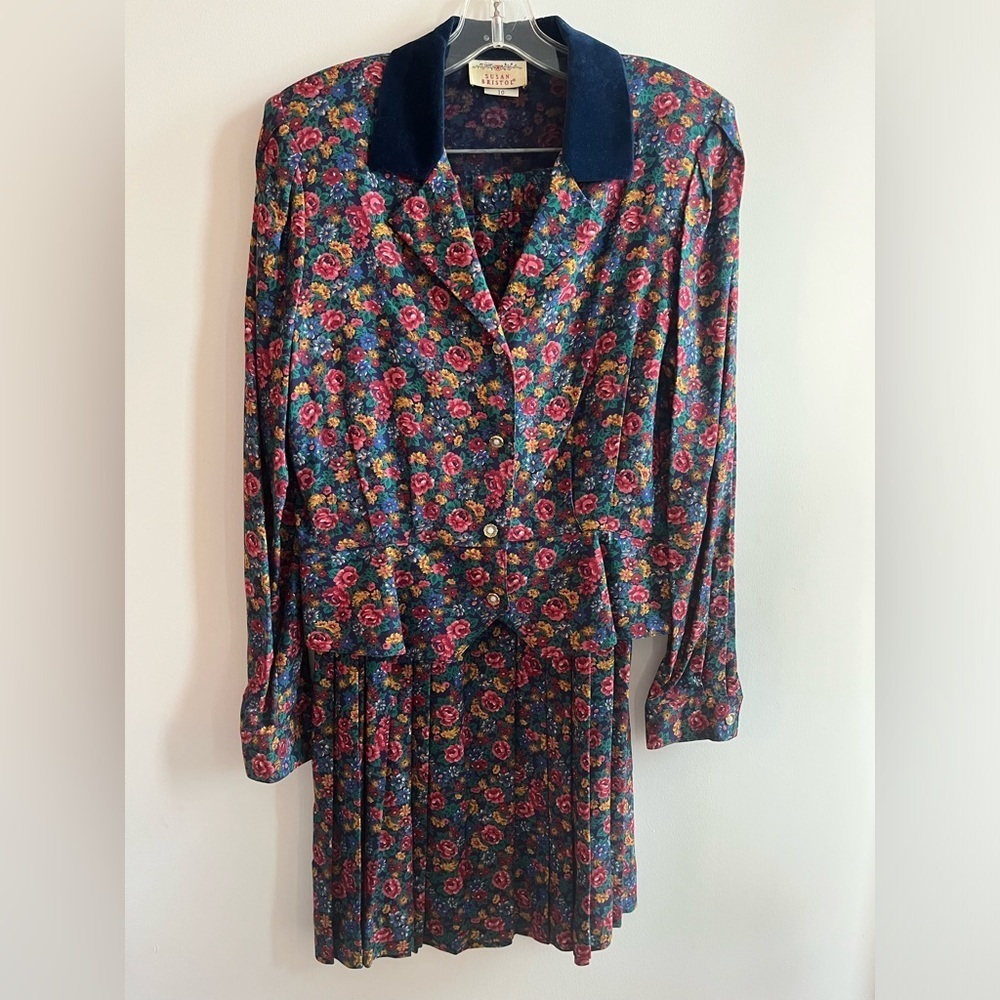 Susan Bristol Vintage Blazer/Skirt Suit Set Floral Rayon Made in Canada Size 10